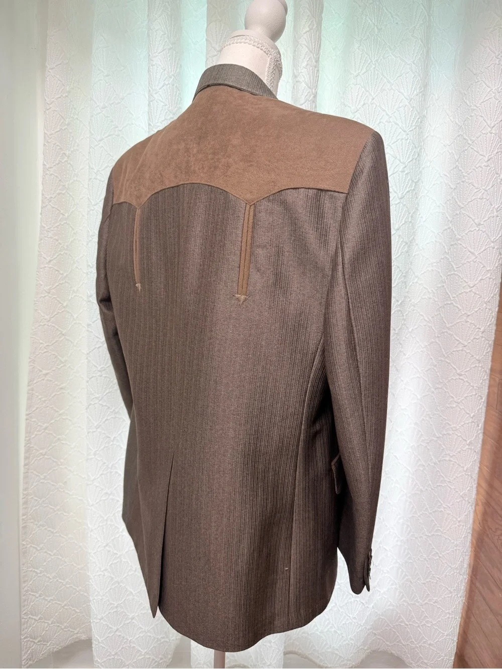 Men's Brown Pinstripe Blazer with Suede Shoulder Panels
